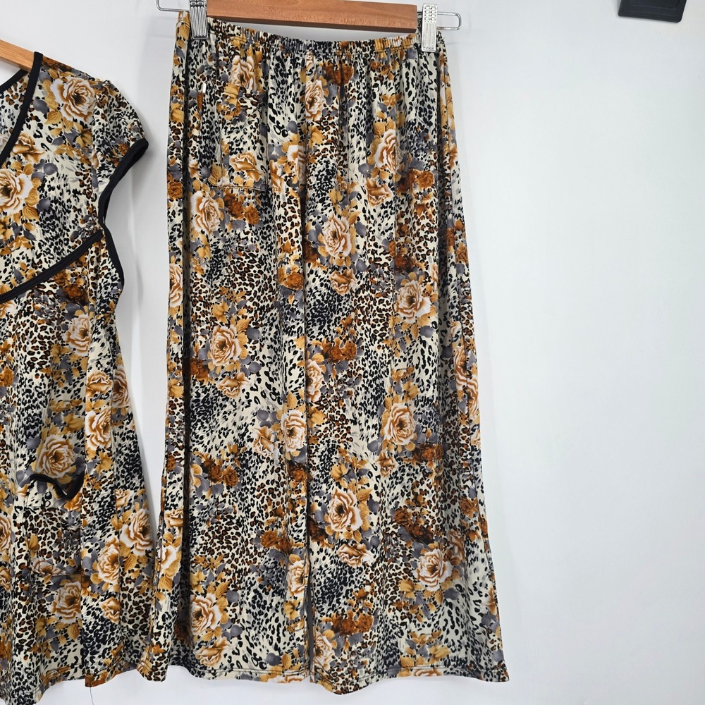 Womens Leopard Floral 2 Piece Lounge Set V-Neck Tunic Wide Leg Pants Tan Yellow - Picture 4 of 10